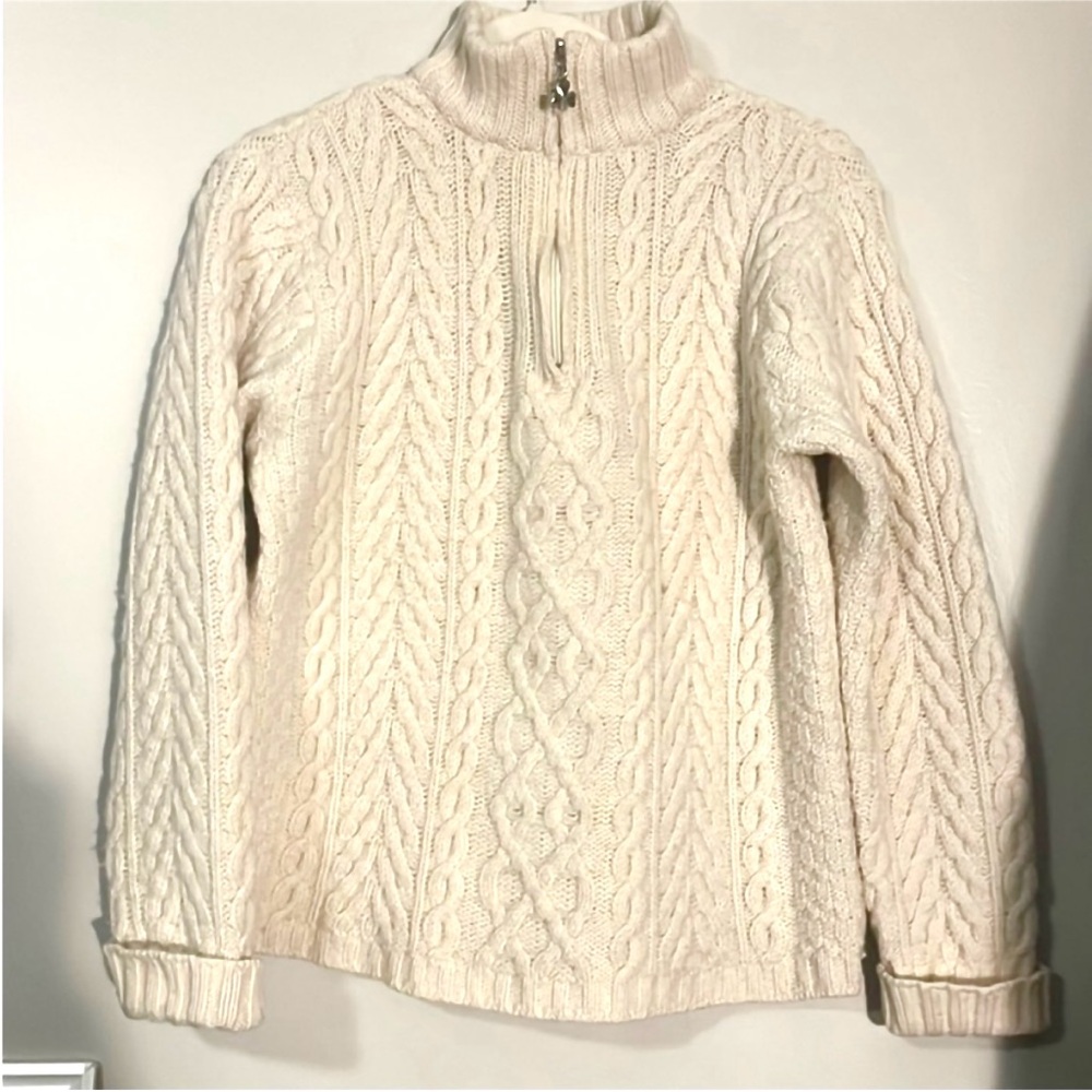 Aran Crafts Ireland Merino Wool XS Fisherman
Cream Wool Sweater Mock Neck Zip